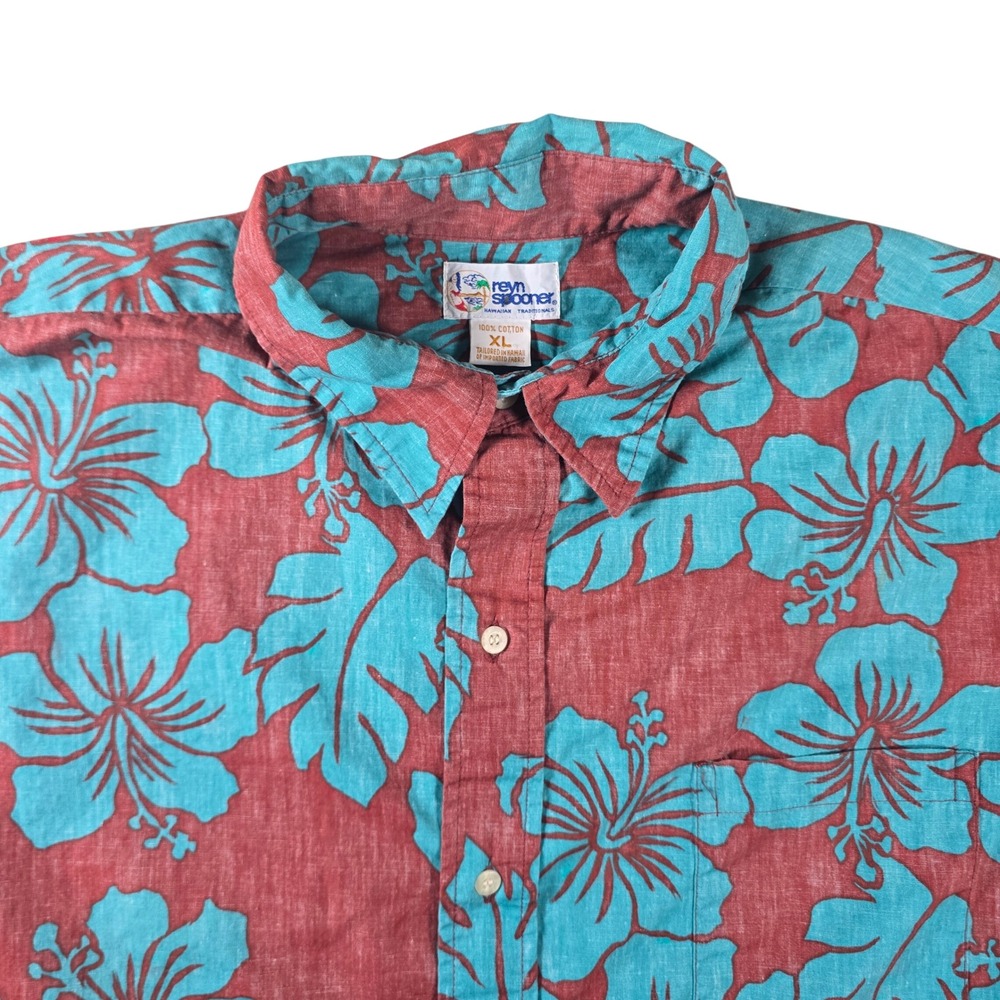 Reyn Spooner Hawaiian Shirt Men Size XL Red Turquoise Blue Hibiscus Floral